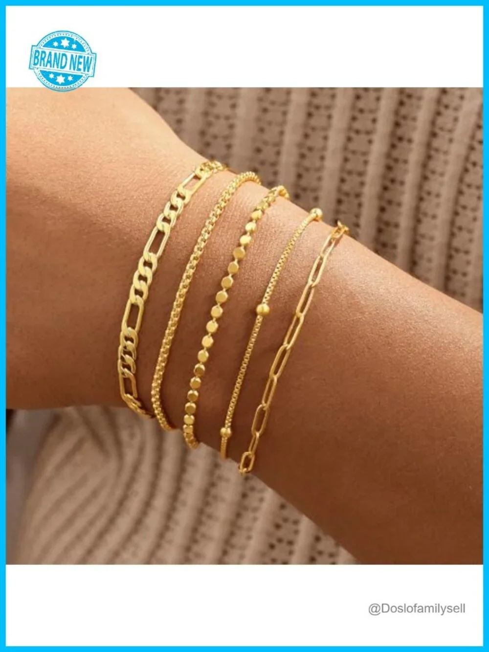 14K Gold Plated Stackable Bracelet Set 5 Piece Chain Adjustable Women